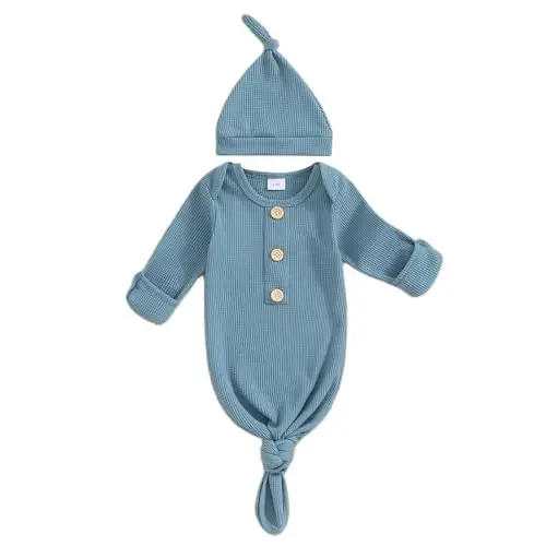 BULINGNA Newborn Baby Boys Girls Knotted Gown with Hat Set, Unisex Infant Nightgown with Mittens Sleepwear One Piece Pajamas - 1