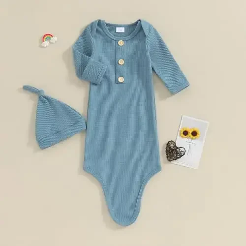 BULINGNA Newborn Baby Boys Girls Knotted Gown with Hat Set, Unisex Infant Nightgown with Mittens Sleepwear One Piece Pajamas - 3