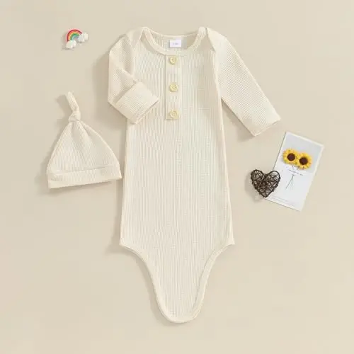 BULINGNA Newborn Baby Boys Girls Knotted Gown with Hat Set, Unisex Infant Nightgown with Mittens Sleepwear One Piece Pajamas - BULINGNA (1)