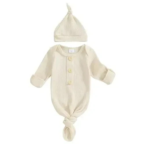 BULINGNA Newborn Baby Boys Girls Knotted Gown with Hat Set, Unisex Infant Nightgown with Mittens Sleepwear One Piece Pajamas - Modazone
