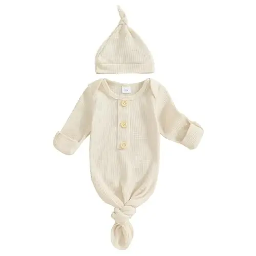 BULINGNA Newborn Baby Boys Girls Knotted Gown with Hat Set, Unisex Infant Nightgown with Mittens Sleepwear One Piece Pajamas - 1