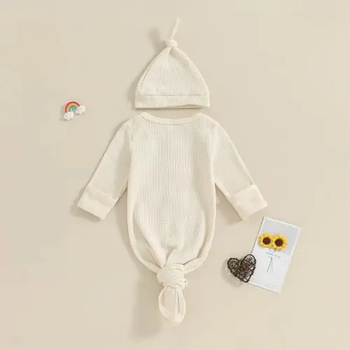 BULINGNA Newborn Baby Boys Girls Knotted Gown with Hat Set, Unisex Infant Nightgown with Mittens Sleepwear One Piece Pajamas - 3
