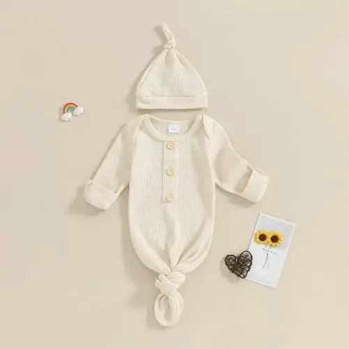 BULINGNA Newborn Baby Boys Girls Knotted Gown with Hat Set, Unisex Infant Nightgown with Mittens Sleepwear One Piece Pajamas - 6