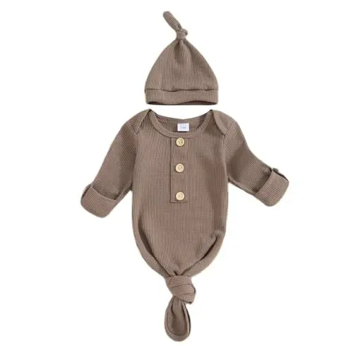 BULINGNA Newborn Baby Boys Girls Knotted Gown with Hat Set, Unisex Infant Nightgown with Mittens Sleepwear One Piece Pajamas 