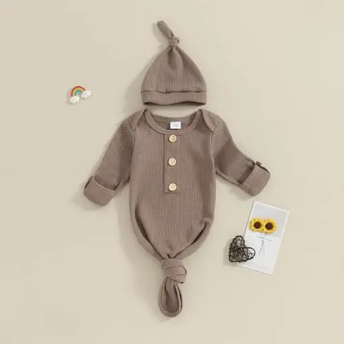 BULINGNA Newborn Baby Boys Girls Knotted Gown with Hat Set, Unisex Infant Nightgown with Mittens Sleepwear One Piece Pajamas - 4
