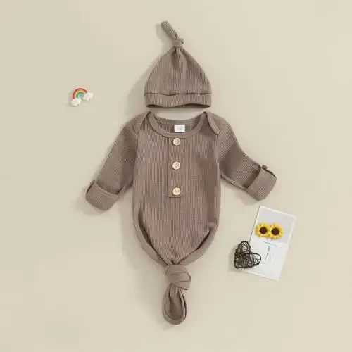 BULINGNA Newborn Baby Boys Girls Knotted Gown with Hat Set, Unisex Infant Nightgown with Mittens Sleepwear One Piece Pajamas - 4
