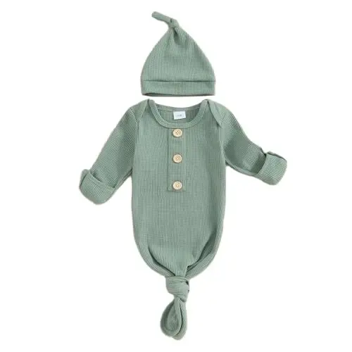 BULINGNA Newborn Baby Boys Girls Knotted Gown with Hat Set, Unisex Infant Nightgown with Mittens Sleepwear One Piece Pajamas - BULINGNA
