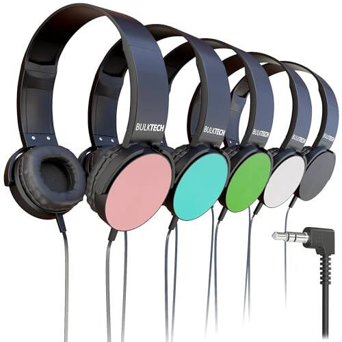 5 Pack Bulk Wired On-Ear Leather Headphones with 3.5mm Connector, Round Metal Housing, Multi - 4