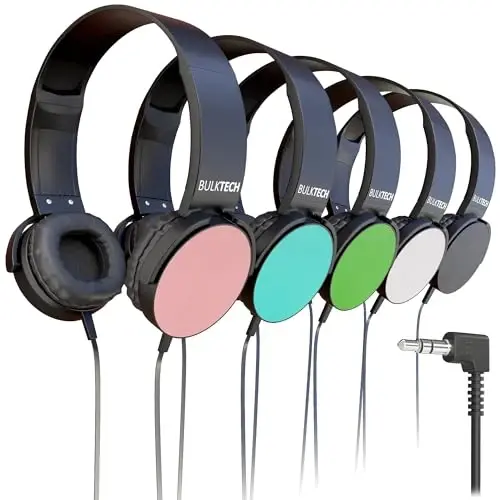 Bulktech Wired On-Ear Leather Headphones with 3.5mm Connector, Round Metal Housing, Bulk Wholesale, 5 Pack, Assorted Colors - 3