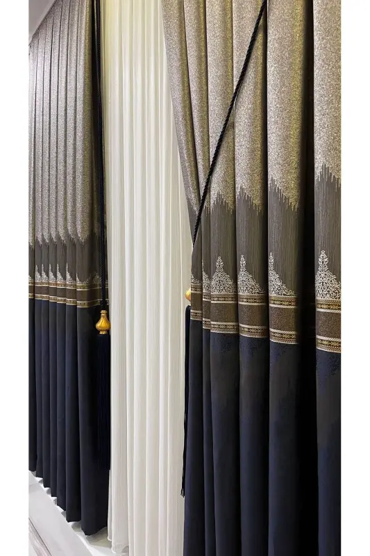 Bulletin Board Background Curtain Gray Navy Blue (Single Panel)-Gray Navy Blue - 2
