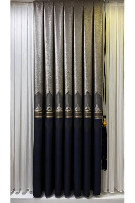Bulletin Board Background Curtain Gray Navy Blue (Single Panel)-Gray Navy Blue - 3