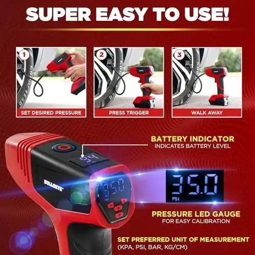 Bullseye Pro Automatic Digital Tire Inflator 150 PSI Max w/Gauge Display Screen & Pre-Set Pressure in KPA, PSI, BAR, kg/cm, Built-in LED Lights, Rechargeable, Air Compressor, Car Tire Pump Set of 2 - 4