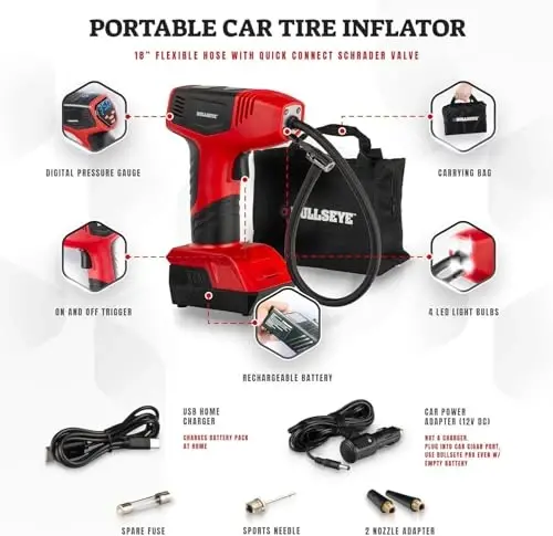 Bullseye Pro Automatic Digital Tire Inflator 150 PSI Max w/Gauge Display Screen & Pre-Set Pressure in KPA, PSI, BAR, kg/cm, Built-in LED Lights, Rechargeable, Air Compressor, Car Tire Pump Set of 2 - 6