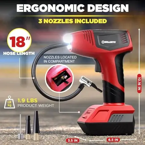 Bullseye Pro Avtomatik Raqamli Shinalarni Shishirgich 150 PSI Maks. KPA, PSI, BAR, kg/sm da o'lchov displey ekranli va oldindan o'rnatilgan bosimli, o'rnatilgan LED chiroqlari, qayta zaryadlanuvchi, havo kompressori, 2 ta avtomobil shinalari nasos to'plami - 7