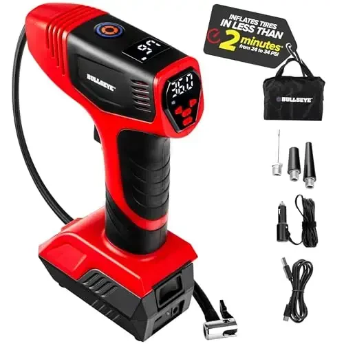 BULLSEYE PRO Tire Inflator with Pressure Gauge, Compact and Portable, Automatic Shut Off, 150 PSI Max, USB Home Rechargeable and Cord for Vehicular Use As Seen On TV (9475) - EMSON