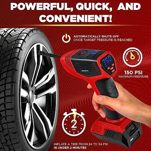BULLSEYE PRO Tire Inflator with Pressure Gauge, Compact and Portable, Automatic Shut Off, 150 PSI Max, USB Home Rechargeable and Cord for Vehicular Use As Seen On TV (9475) - 4