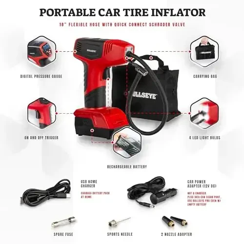 BULLSEYE PRO Tire Inflator with Pressure Gauge, Compact and Portable, Automatic Shut Off, 150 PSI Max, USB Home Rechargeable and Cord for Vehicular Use As Seen On TV (9475) - 3