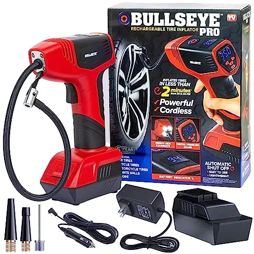BULLSEYE PRO Tire Inflator with Pressure Gauge, Compact and Portable, Automatic Shut Off, 150 PSI Max, USB Home Rechargeable and Cord for Vehicular Use As Seen On TV (9475) - 1
