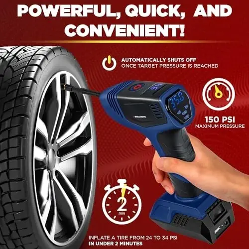 Bullseye Pro Tire Inflator Portable Air Compressor, Car Tire Inflator Portable, Portable Air Pump for Car Tires - 150PSI, 12V DC 1500 mAhs with Tire Pressure Gauge, Rechargeable As Seen On TV(Blue) - 5