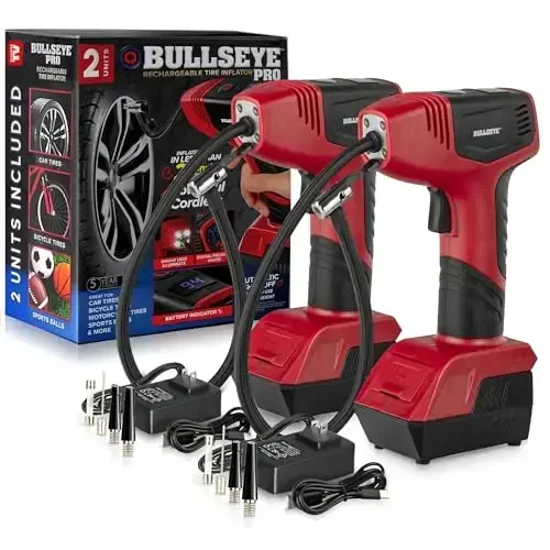 Bullseye Pro Automatic Digital Tire Inflator 150 PSI Max w/Gauge Display Screen & Pre-Set Pressure in KPA, PSI, BAR, kg/cm, Built-in LED Lights, Rechargeable, Air Compressor, Car Tire Pump Set of 2 - EMSON