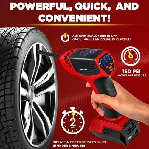 Bullseye Pro Automatic Digital Tire Inflator 150 PSI Max w/Gauge Display Screen & Pre-Set Pressure in KPA, PSI, BAR, kg/cm, Built-in LED Lights, Rechargeable, Air Compressor, Car Tire Pump Set of 2 - 2
