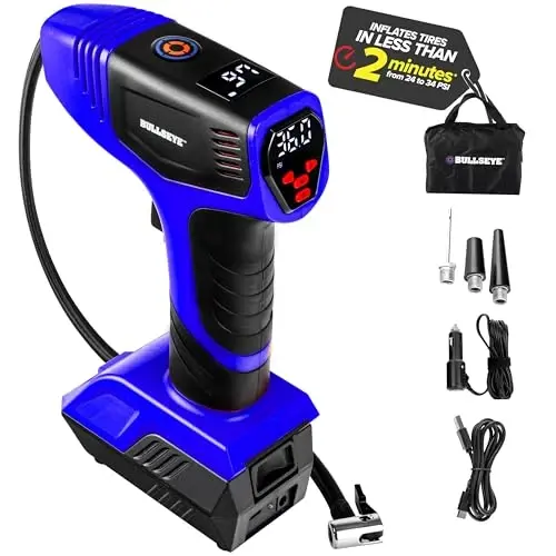 Bullseye Pro Shinalar uchun Portativ Havo Kompressori, Avtomobil Shinalari uchun Portativ Havo Nasosi - 150PSI, 12V DC 1500 mAhs, Shinalar Bosimi O'lchagichi bilan, Qayta Zaryadlanuvchi (Ko'k) - 1