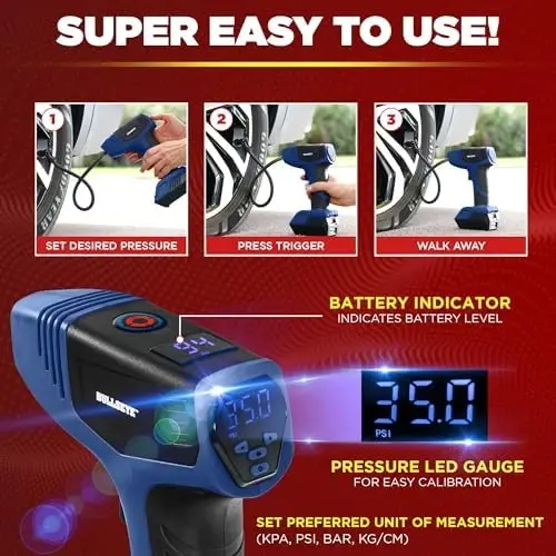 Bullseye Pro Shinalar uchun Portativ Havo Kompressori, Avtomobil Shinalari uchun Portativ Havo Nasosi - 150PSI, 12V DC 1500 mAhs, Shinalar Bosimi O'lchagichi bilan, Qayta Zaryadlanuvchi (Ko'k) - 3