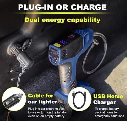 Bullseye Pro Shinalar uchun Portativ Havo Kompressori, Avtomobil Shinalari uchun Portativ Havo Nasosi - 150PSI, 12V DC 1500 mAhs, Shinalar Bosimi O'lchagichi bilan, Qayta Zaryadlanuvchi (Ko'k) - 6