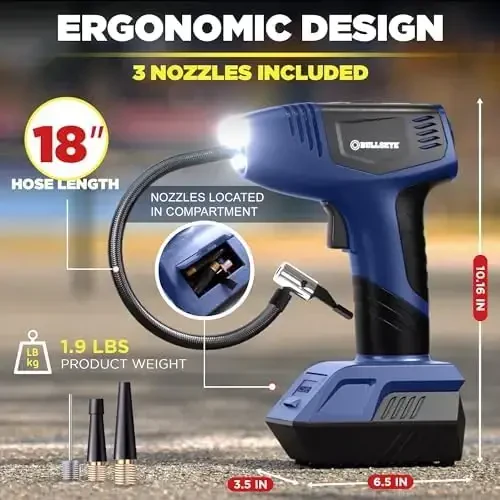 Bullseye Pro Shinalar uchun Portativ Havo Kompressori, Avtomobil Shinalari uchun Portativ Havo Nasosi - 150PSI, 12V DC 1500 mAhs, Shinalar Bosimi O'lchagichi bilan, Qayta Zaryadlanuvchi (Ko'k) - EMSON (1)