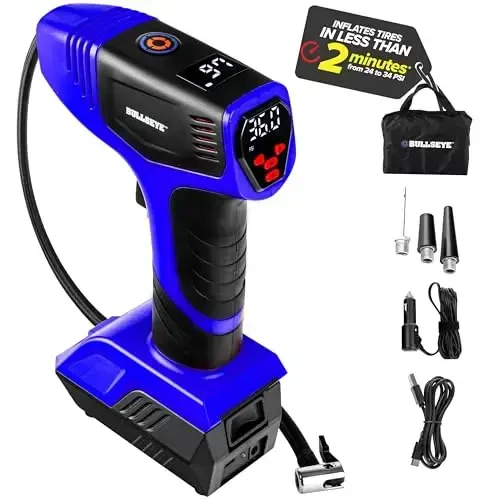 Bullseye Pro Tire Inflator Portable Air Compressor, Car Tire Inflator Portable, Portable Air Pump for Car Tires - 150PSI, 12V DC 1500 mAhs with Tire Pressure Gauge, Rechargeable As Seen On TV(Blue) - 1
