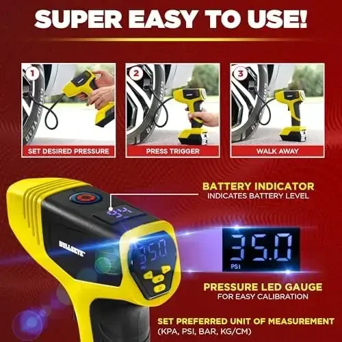 Bullseye Pro Tire Inflator Portable Air Compressor, Car Tire Inflator Portable, Portable Air Pump for Car Tires - 150PSI, 12V DC 1500 mAhs with Tire Pressure Gauge, Rechargeable As Seen On TV(Yellow) - 3