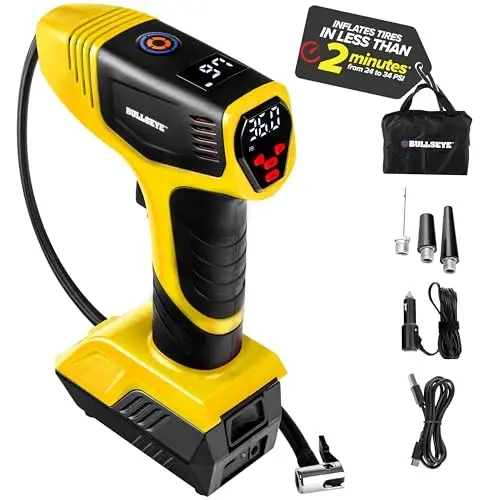 Bullseye Pro Tire Inflator Portativ Havo Kompressori, Avtomobil Shinalari uchun Portativ Havo Pompasi, Avtomobil Shinalari uchun Portativ Havo Pompasi - 150PSI, 12V DC 1500 mAhs Shinalar Bosimi o'lchagichi bilan, Televizorda Ko'rsatilgandek Qayta Zaryadlanuvchi (Sariq) - 1