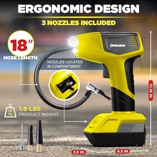 Bullseye Pro Tire Inflator Portativ Havo Kompressori, Avtomobil Shinalari uchun Portativ Havo Pompasi, Avtomobil Shinalari uchun Portativ Havo Pompasi - 150PSI, 12V DC 1500 mAhs Shinalar Bosimi o'lchagichi bilan, Televizorda Ko'rsatilgandek Qayta Zaryadlanuvchi (Sariq) - EMSON (1)