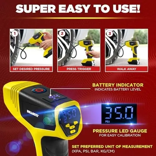 Bullseye Pro Tire Inflator Portativ Havo Kompressori, Avtomobil Shinalari uchun Portativ Havo Pompasi, Avtomobil Shinalari uchun Portativ Havo Pompasi - 150PSI, 12V DC 1500 mAhs Shinalar Bosimi o'lchagichi bilan, Televizorda Ko'rsatilgandek Qayta Zaryadlanuvchi (Sariq) - 3