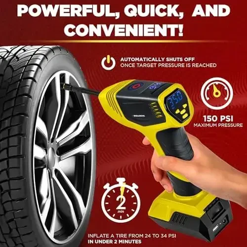 Bullseye Pro Tire Inflator Portativ Havo Kompressori, Avtomobil Shinalari uchun Portativ Havo Pompasi, Avtomobil Shinalari uchun Portativ Havo Pompasi - 150PSI, 12V DC 1500 mAhs Shinalar Bosimi o'lchagichi bilan, Televizorda Ko'rsatilgandek Qayta Zaryadlanuvchi (Sariq) - 5
