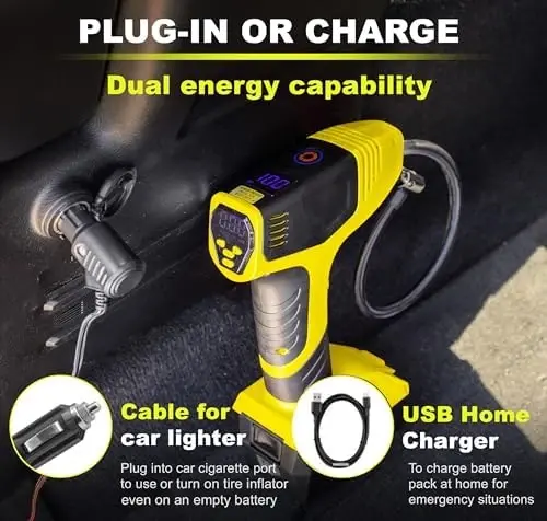 Bullseye Pro Tire Inflator Portativ Havo Kompressori, Avtomobil Shinalari uchun Portativ Havo Pompasi, Avtomobil Shinalari uchun Portativ Havo Pompasi - 150PSI, 12V DC 1500 mAhs Shinalar Bosimi o'lchagichi bilan, Televizorda Ko'rsatilgandek Qayta Zaryadlanuvchi (Sariq) - 6