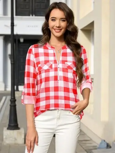 Bulotus 3/4 Length Sleeve Womens Striped Tops Zipper V Neck Collared Blouses Business Casual Tunics 2026 Spring Trendy - 3