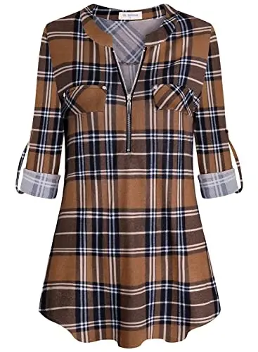 Bulotus 3/4 Length Sleeve Womens Striped Tops Zipper V Neck Collared Blouses Business Casual Tunics 2026 Spring Trendy - BULOTUS