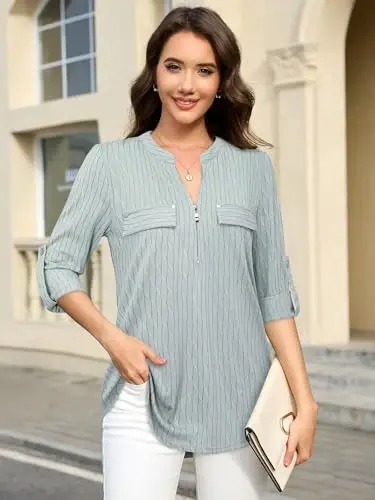 Bulotus 3/4 Length Sleeve Womens Striped Tops Zipper V Neck Collared Blouses Business Casual Tunics 2026 Spring Trendy - 2