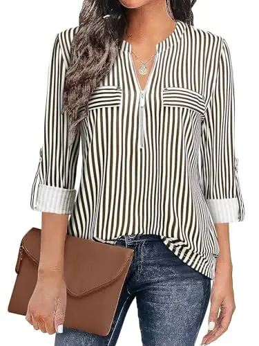 Bulotus 3/4 Length Sleeve Womens Striped Tops Zipper V Neck Collared Blouses Business Casual Tunics 2026 Spring Trendy - 1