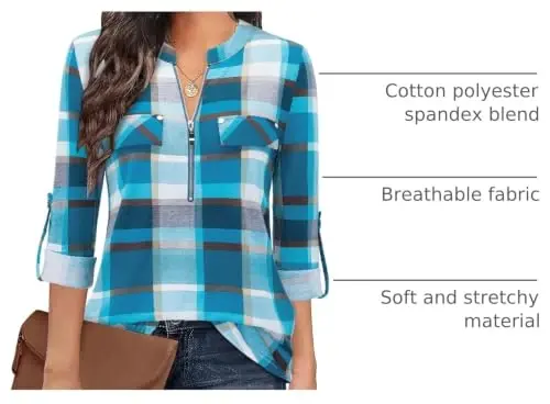Bulotus 3/4 Length Sleeve Womens Striped Tops Zipper V Neck Collared Blouses Business Casual Tunics 2026 Spring Trendy - 4
