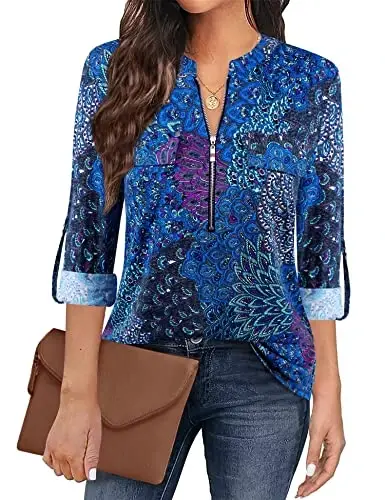 Bulotus 3/4 Length Sleeve Womens Striped Tops Zipper V Neck Collared Blouses Business Casual Tunics 2026 Spring Trendy - BULOTUS