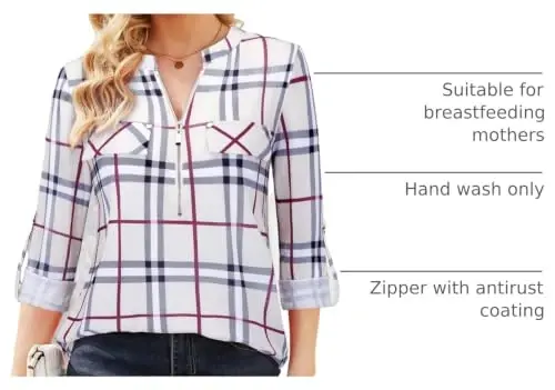 Bulotus 3/4 Length Sleeve Womens Striped Tops Zipper V Neck Collared Blouses Business Casual Tunics 2026 Spring Trendy - 4