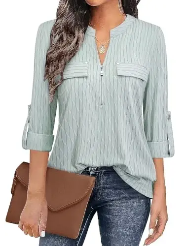 Bulotus 3/4 Length Sleeve Womens Striped Tops Zipper V Neck Collared Blouses Business Casual Tunics 2026 Spring Trendy - BULOTUS