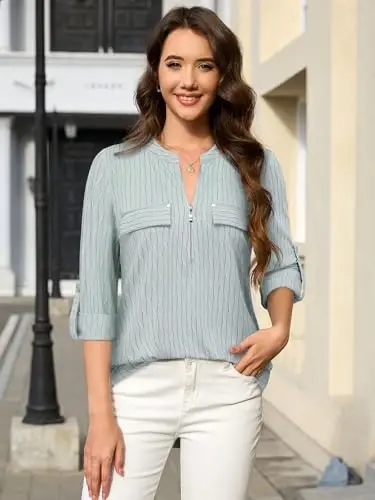Bulotus 3/4 Length Sleeve Womens Striped Tops Zipper V Neck Collared Blouses Business Casual Tunics 2026 Spring Trendy - 3