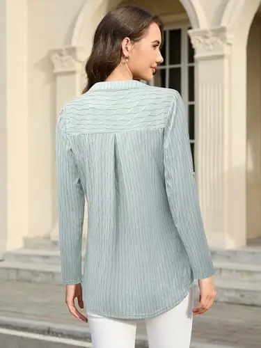 Bulotus 3/4 Length Sleeve Womens Striped Tops Zipper V Neck Collared Blouses Business Casual Tunics 2026 Spring Trendy - 5