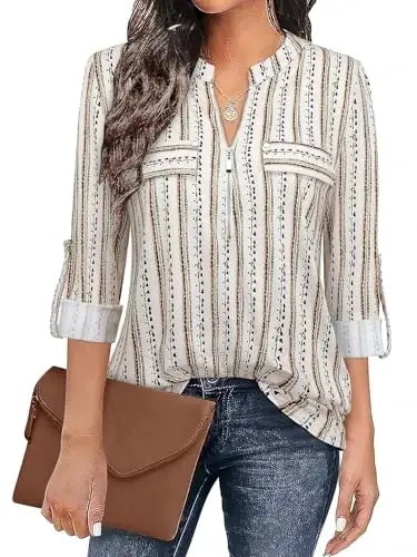 Bulotus 3/4 Length Sleeve Women's Striped Tops Zipper V Neck Collared Blouses Business Casual Tunics 2026 Spring Trendy 