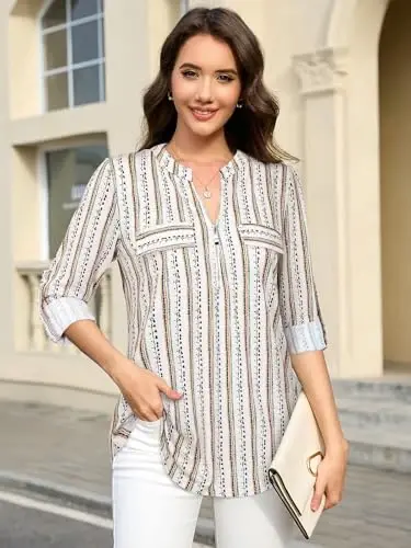Bulotus 3/4 Length Sleeve Women's Striped Tops Zipper V Neck Collared Blouses Business Casual Tunics 2026 Spring Trendy - BULOTUS (1)
