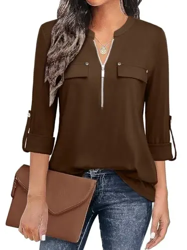 Bulotus 3/4 Length Sleeve Womens Striped Tops Zipper V Neck Collared Blouses Business Casual Tunics 2026 Spring Trendy - BULOTUS