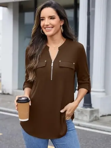 Bulotus 3/4 Length Sleeve Womens Striped Tops Zipper V Neck Collared Blouses Business Casual Tunics 2026 Spring Trendy - 4